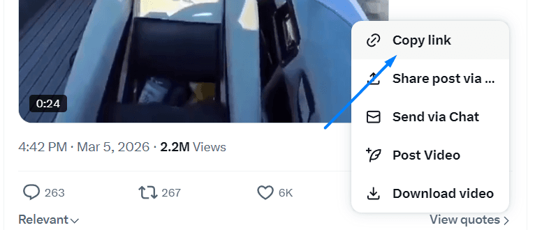 Selecting Copy Link from the Twitter share menu